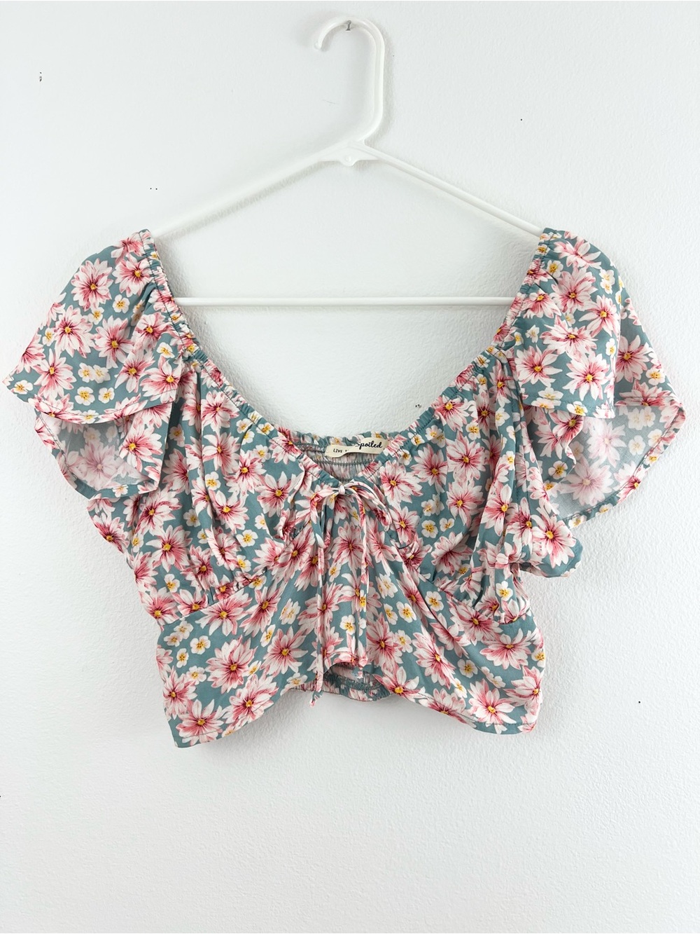 Live to be Spoiled Floral Babydoll Crop Top Flutter Sleeve Boho Cottagecore M